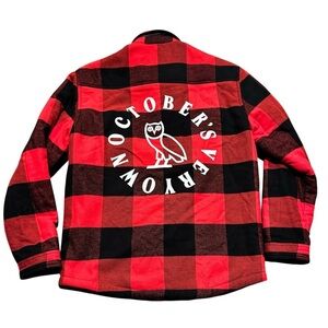 October’s Very Own Red and Black Plaid Sherpa Lined Jacket Sz Large OVO Flannel